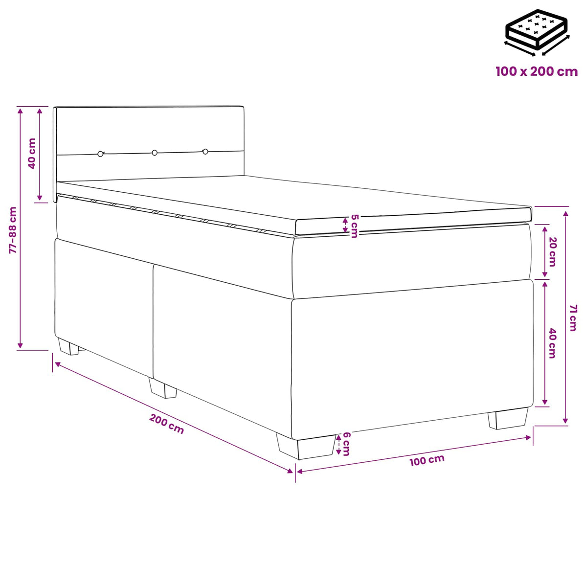 Boxmadras med topmadras Lyserød 100 x 200 cm Fløjl
