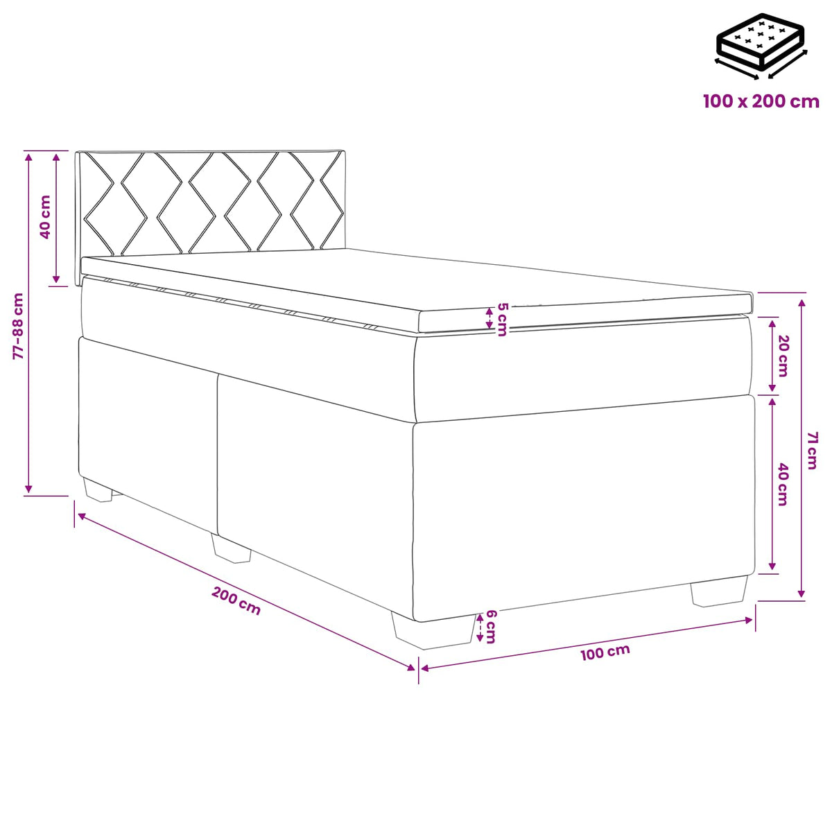 Boxmadras med topmadras Mørkegrå 100 x 200 cm Fløjl