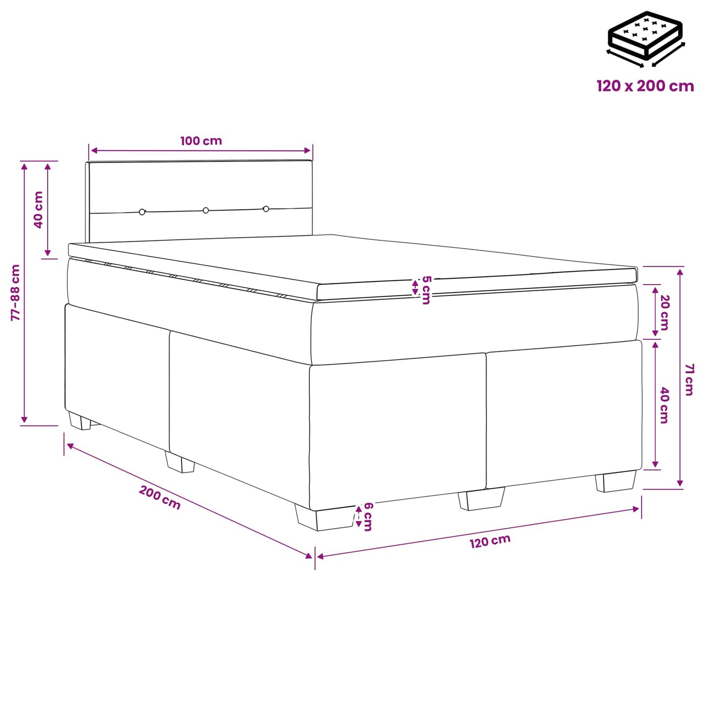 Boxmadras med topmadras Lyserød 120 x 200 cm Fløjl
