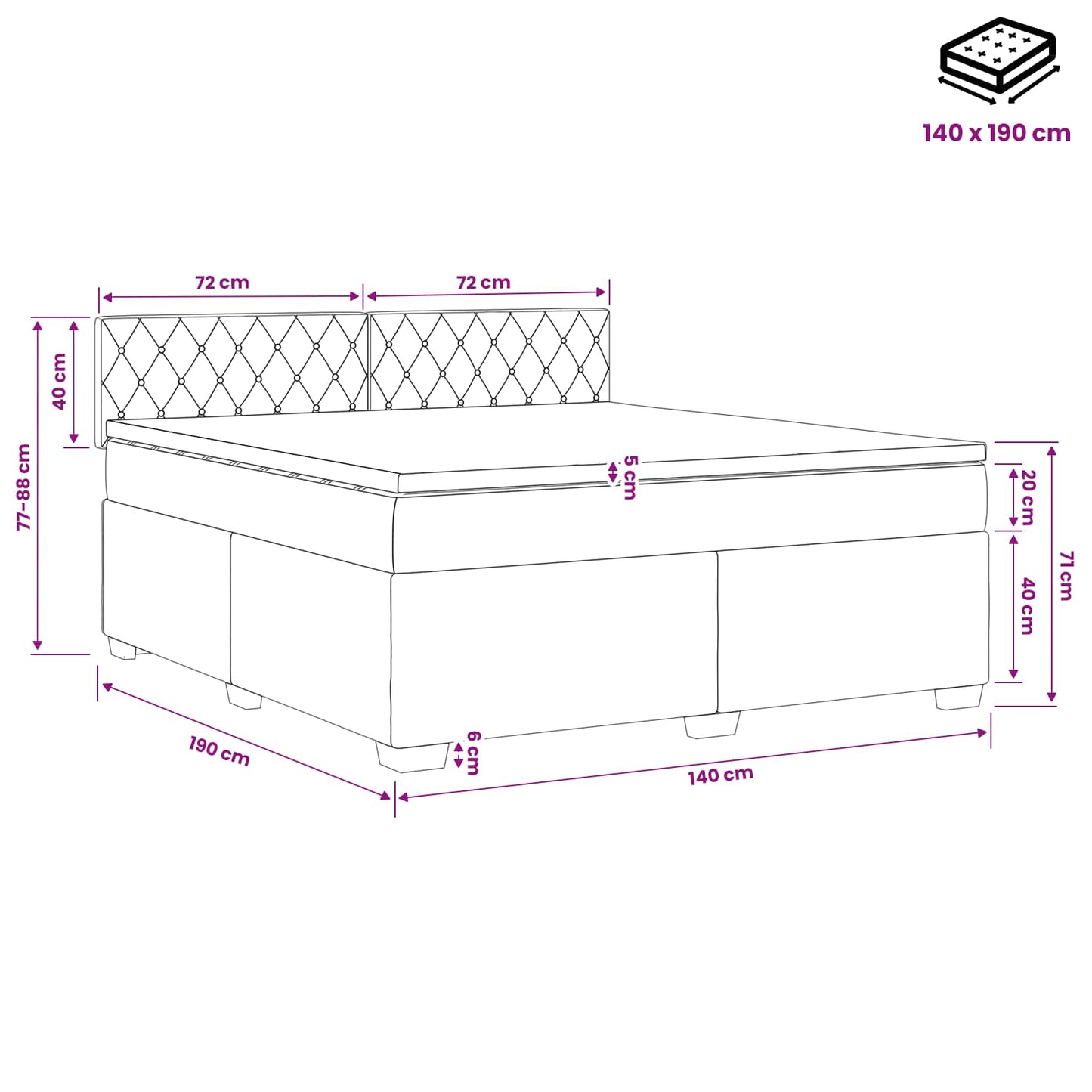 Boxmadras med topmadras Mørkegrå 140 x 190 cm Fløjl