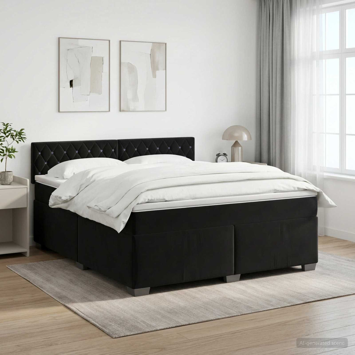 Boxmadras med topmadras med hovedgærde Sort 180 x 200 cm Fløjl