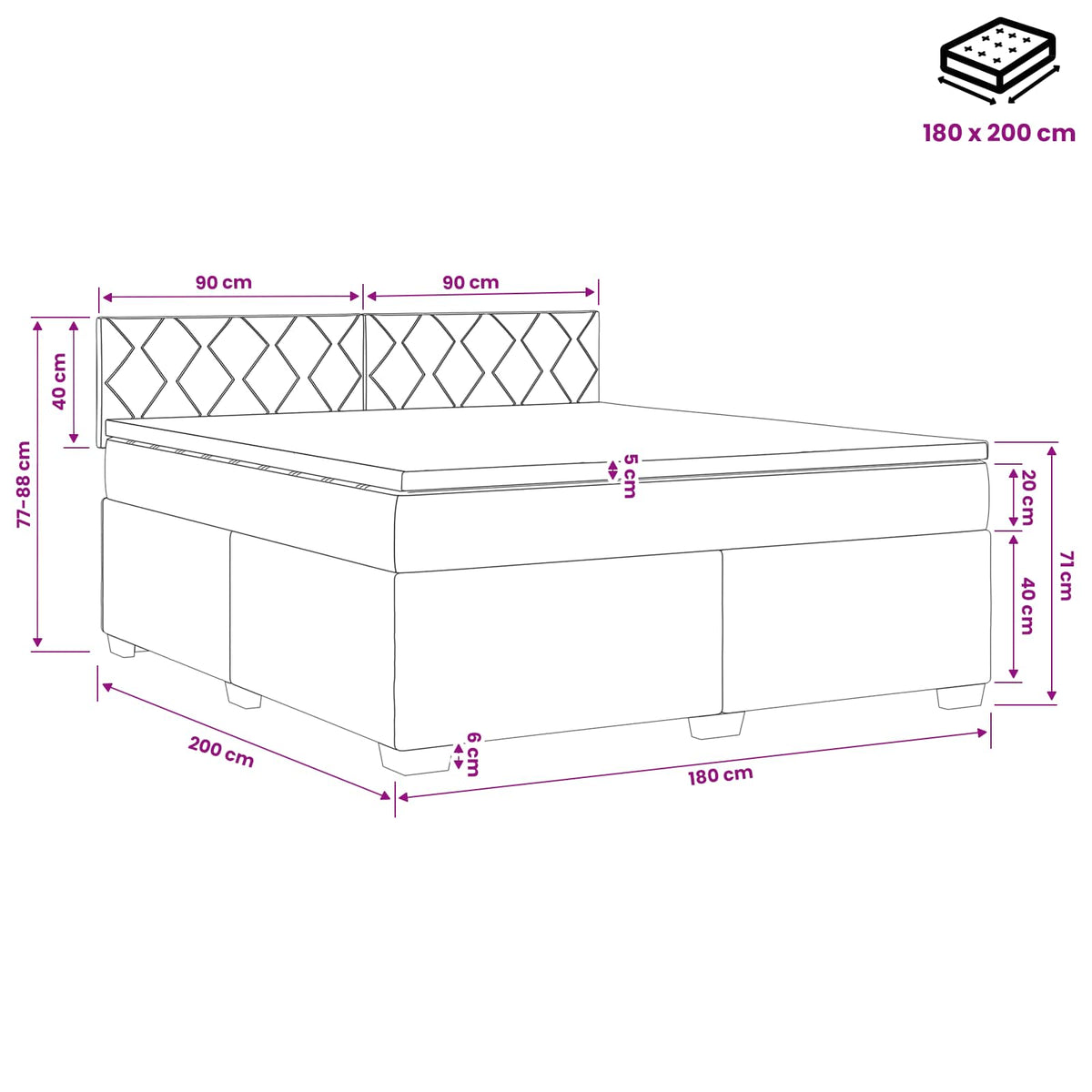 Boxmadras med topmadras med hovedgærde Sort 180 x 200 cm Fløjl