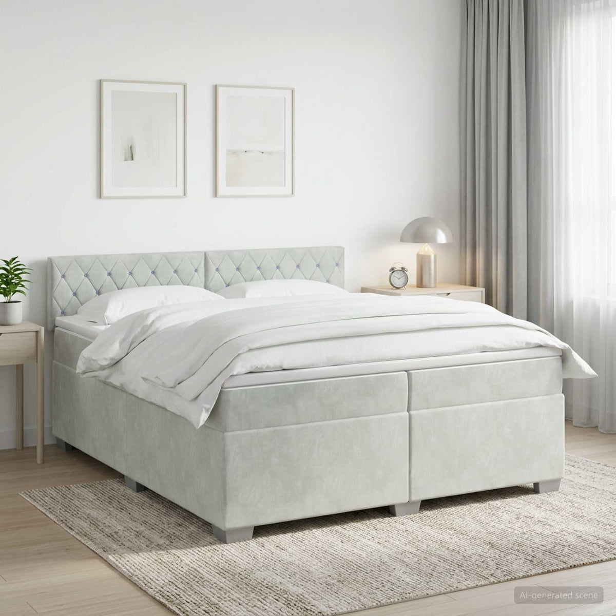 Boxmadras med topmadras Lysegrå 200 x 200 cm Fløjl