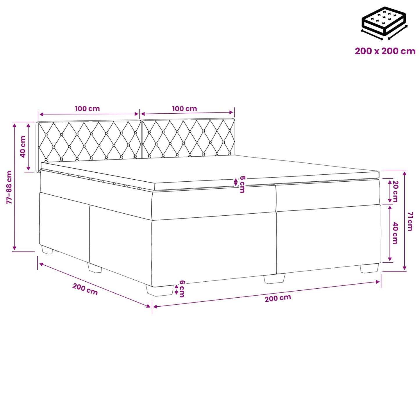 Boxmadras med topmadras Mørkegrøn 200 x 200 cm Fløjl