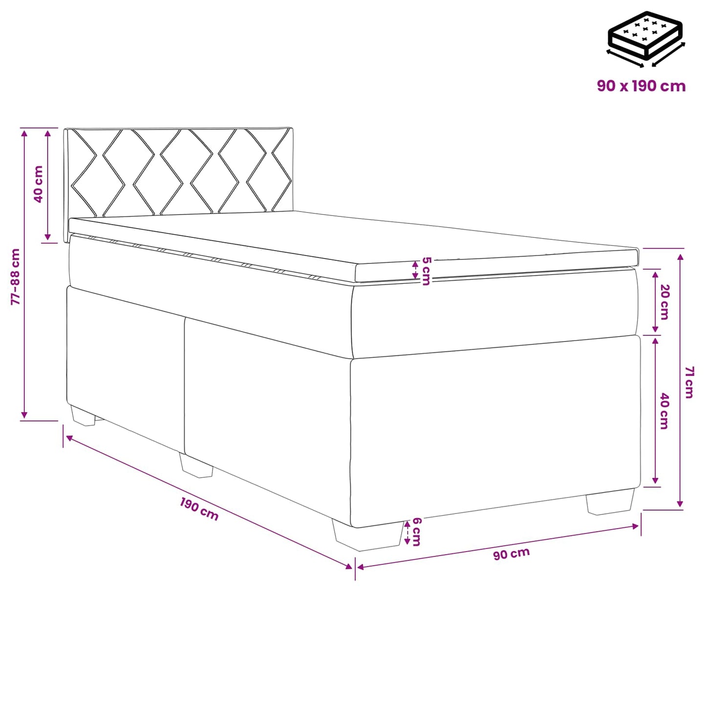 Boxmadras med topmadras Lysegrå 90 x 190 cm Fløjl