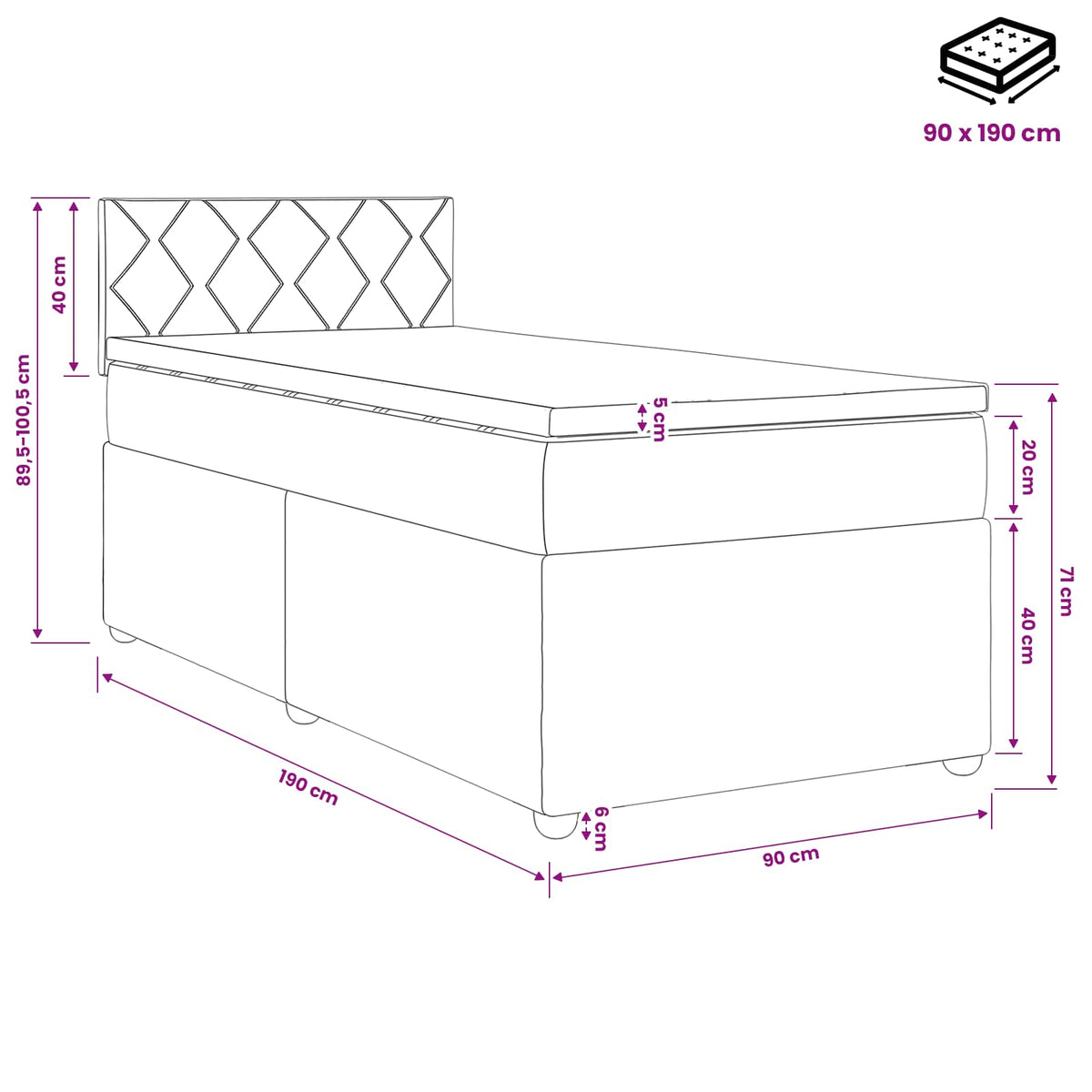 Boxmadras med topmadras Cremefarvet 90 x 190 cm Stof