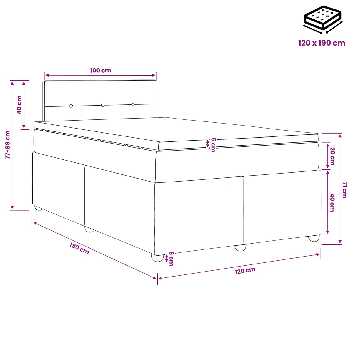 Boxmadras med topmadras Gråbrun 120 x 190 cm Stof