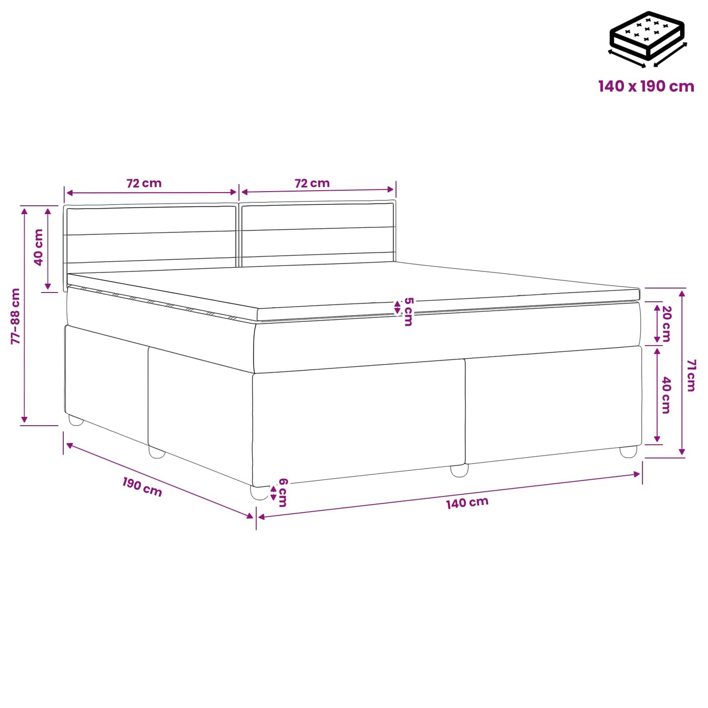 Boxmadras med topmadras Lysegrå 140 x 190 cm Stof