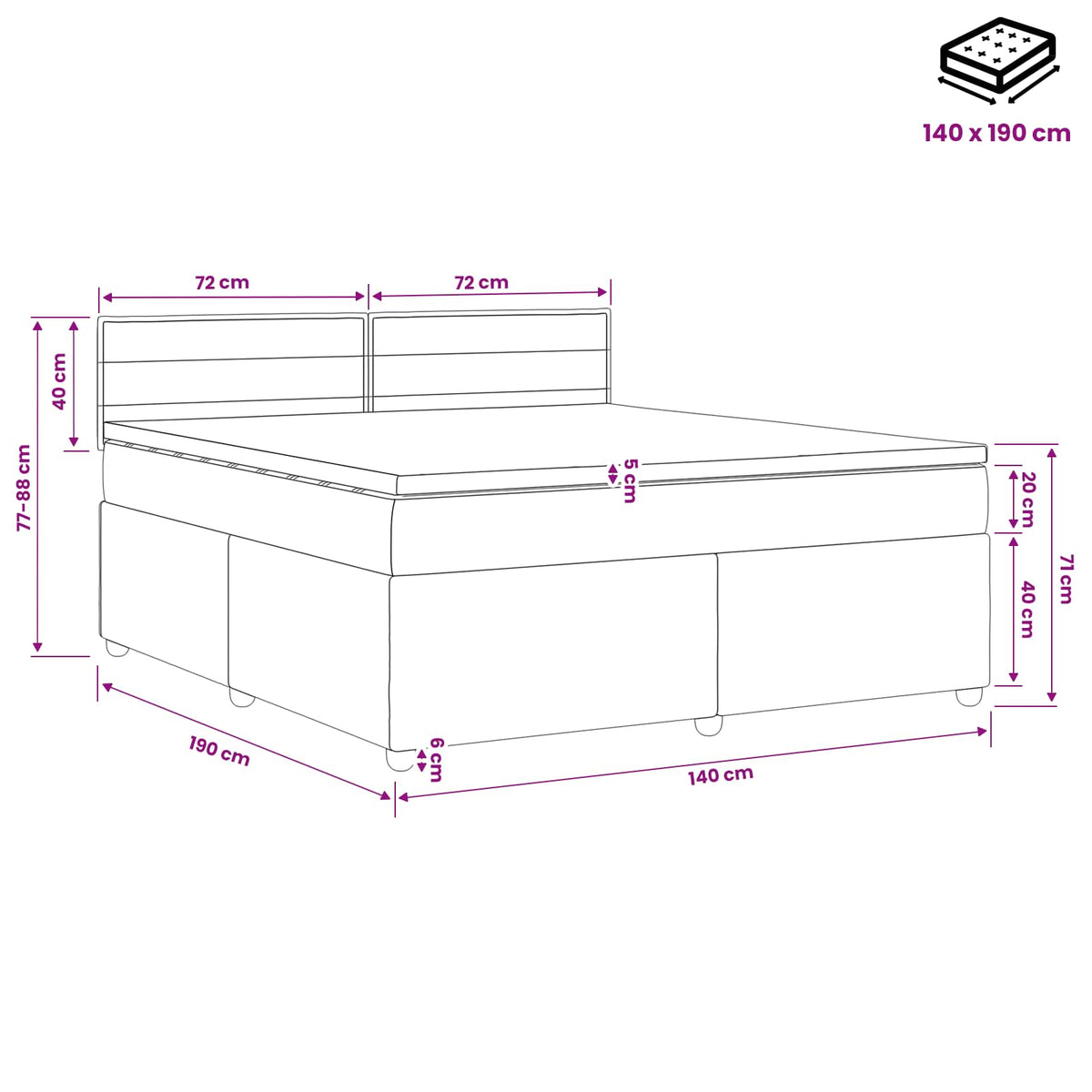 Boxmadras med topmadras Mørkegrå 140 x 190 cm Stof
