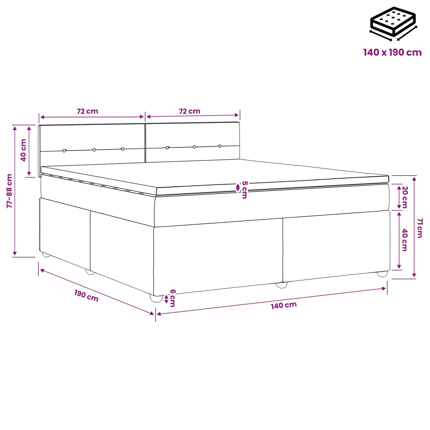 Boxmadras med topmadras Mørk Brun 140 x 190 cm Stof