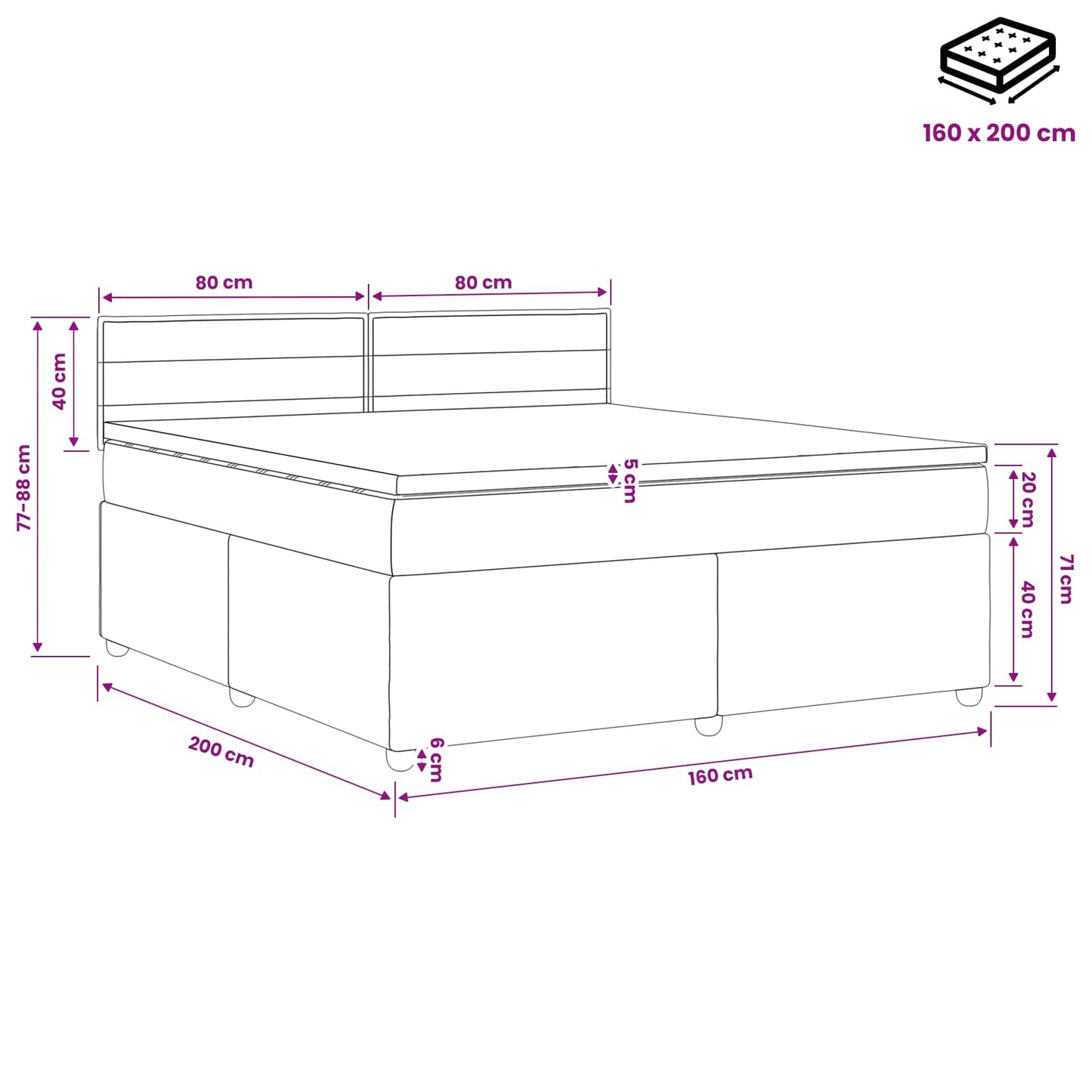 Boxmadras med topmadras Mørkegrå 160 x 200 cm Stof