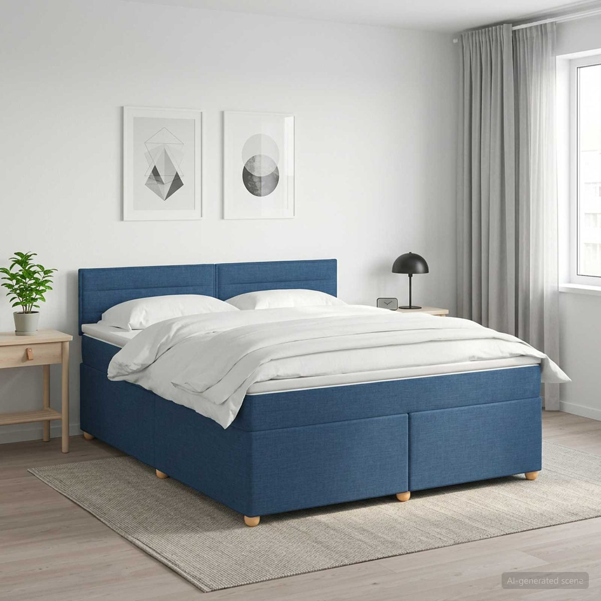 Boxmadras med topmadras med hovedgærde Blå 180 x 200 cm Stof