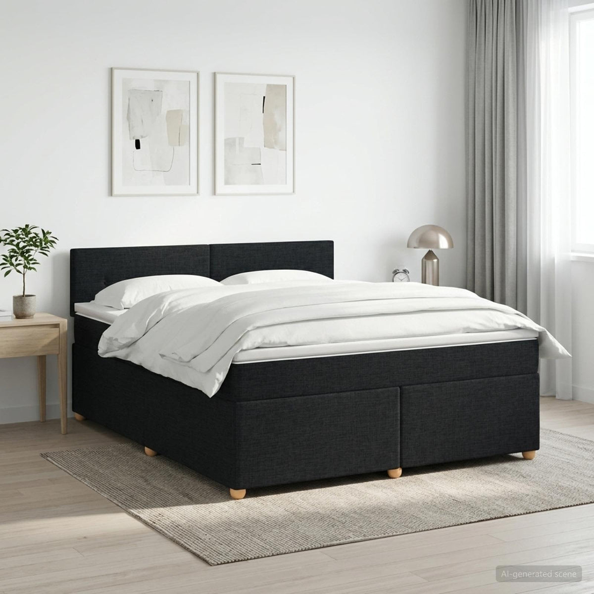 Boxmadras med topmadras med hovedgærde Sort 180 x 200 cm Stof