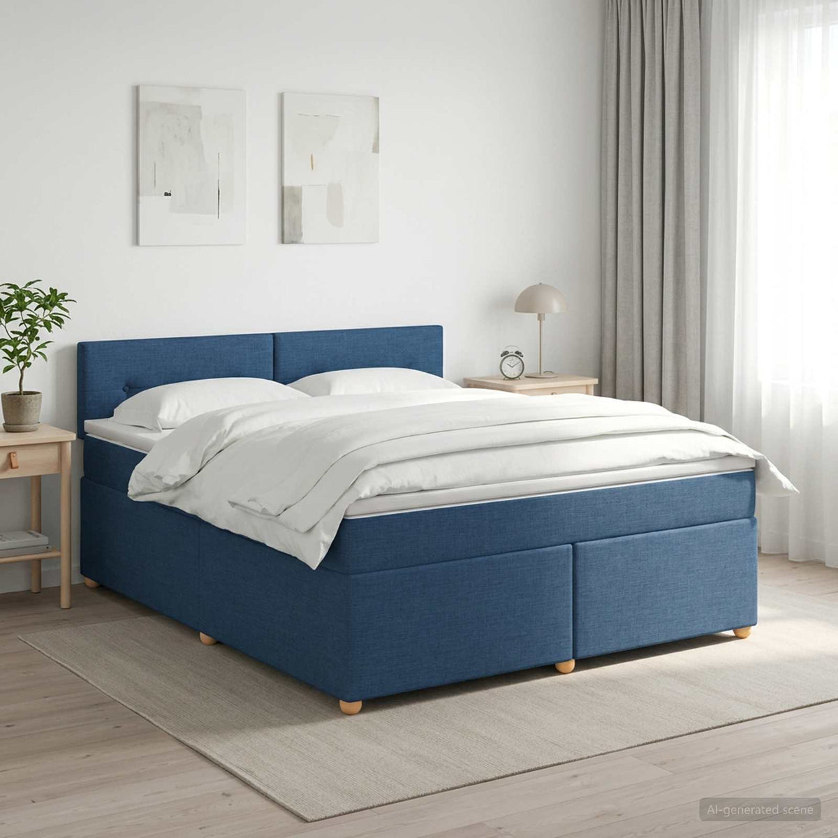 Boxmadras med topmadras med hovedgærde Blå 160 x 200 cm Stof