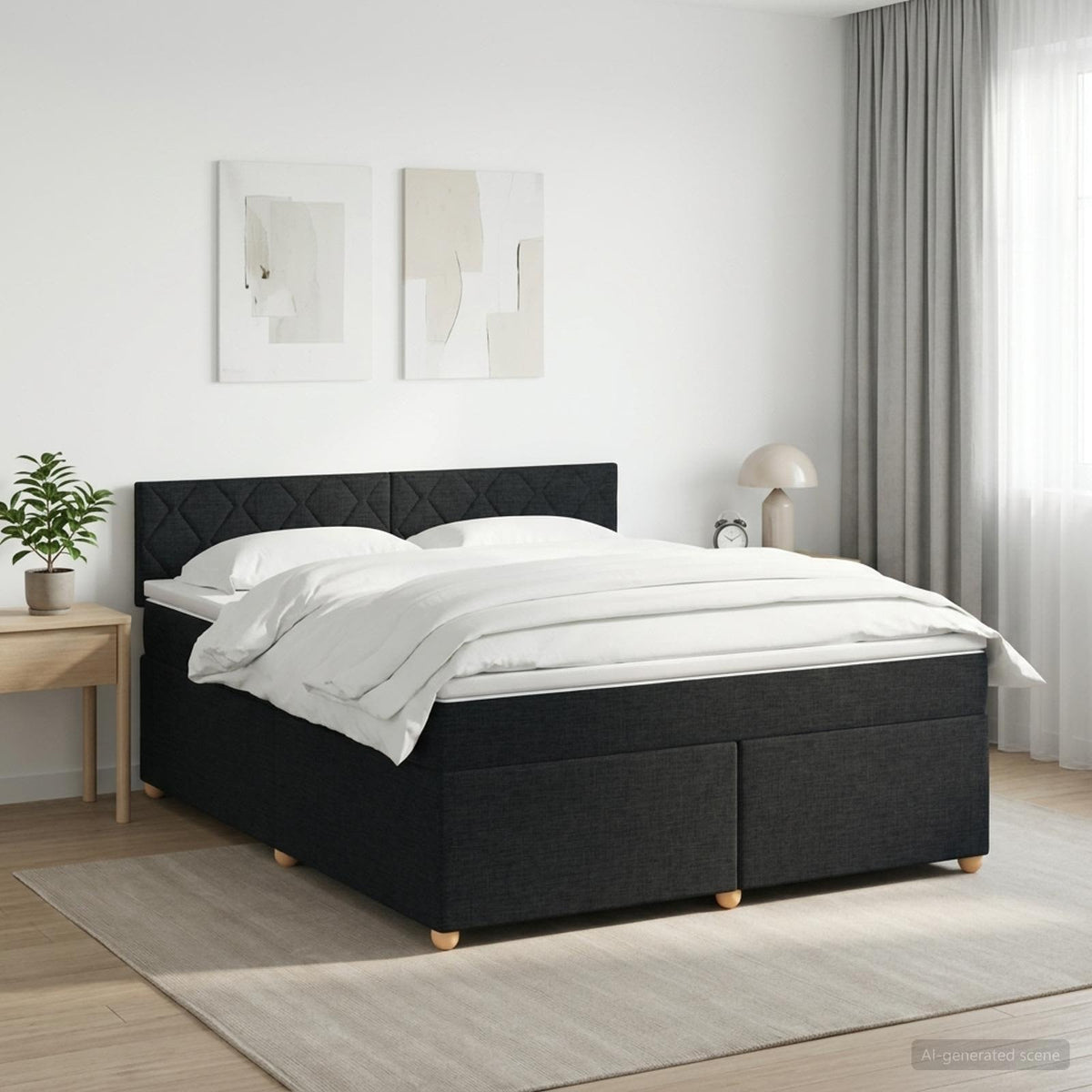 Boxmadras med topmadras med hovedgærde Sort 180 x 200 cm Stof