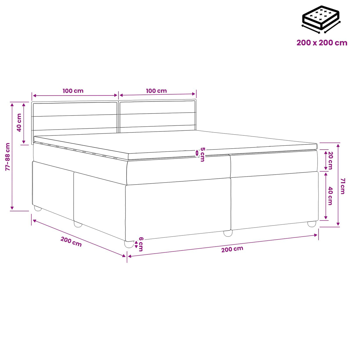 Boxmadras med topmadras Lysegrå 200 x 200 cm Stof