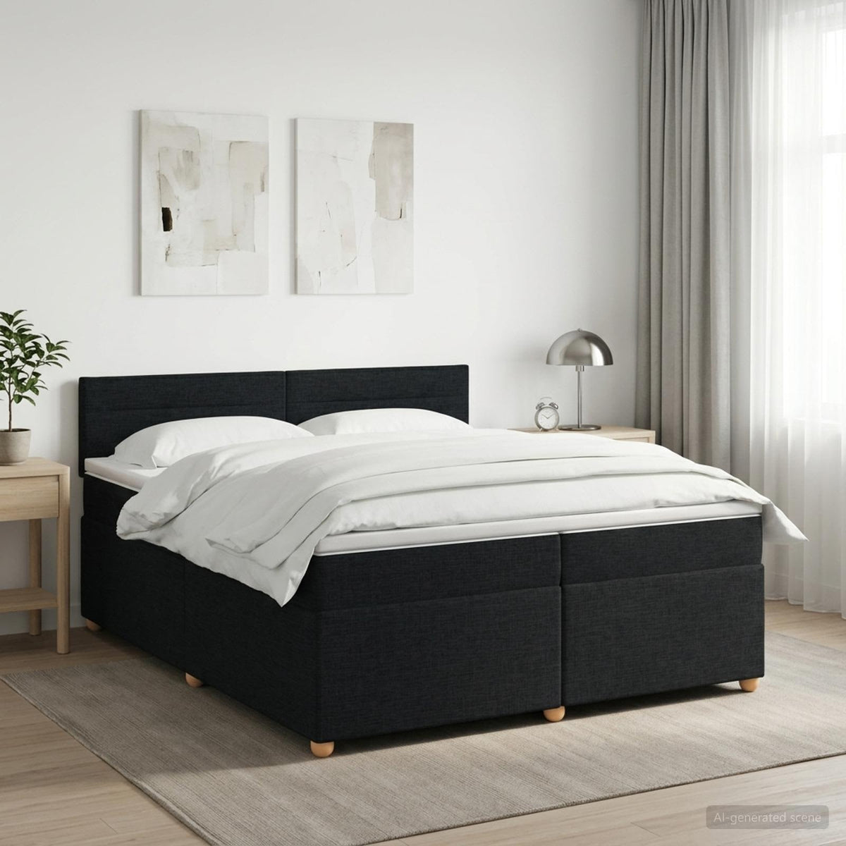 Boxmadras med topmadras med hovedgærde Sort 200 x 200 cm Stof