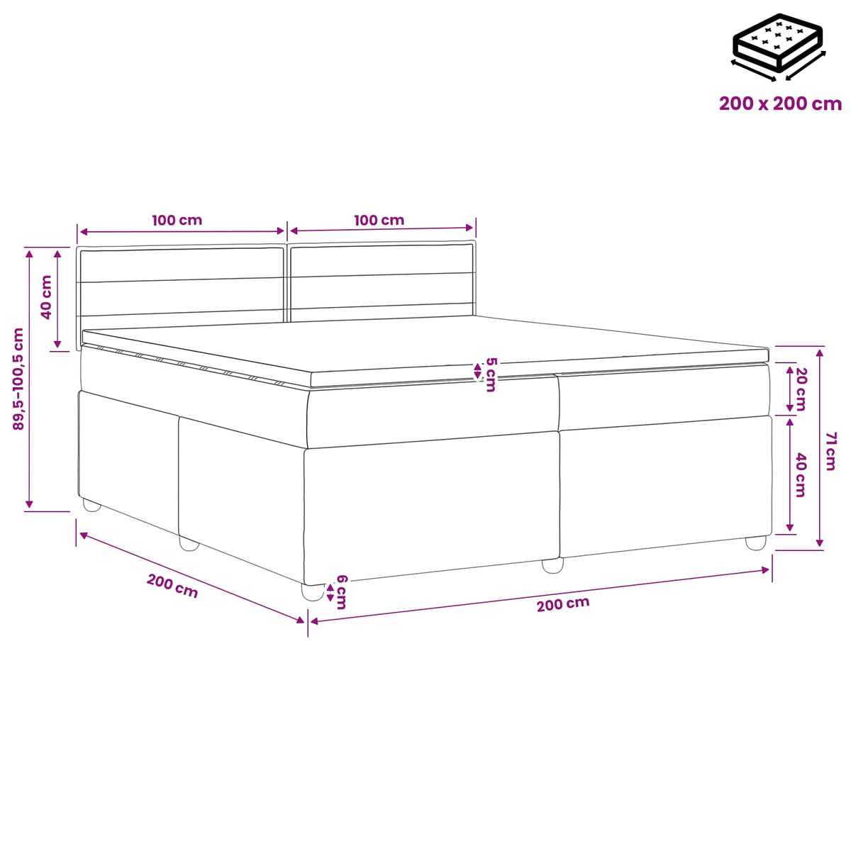 Boxmadras med topmadras med hovedgærde Sort 200 x 200 cm Stof
