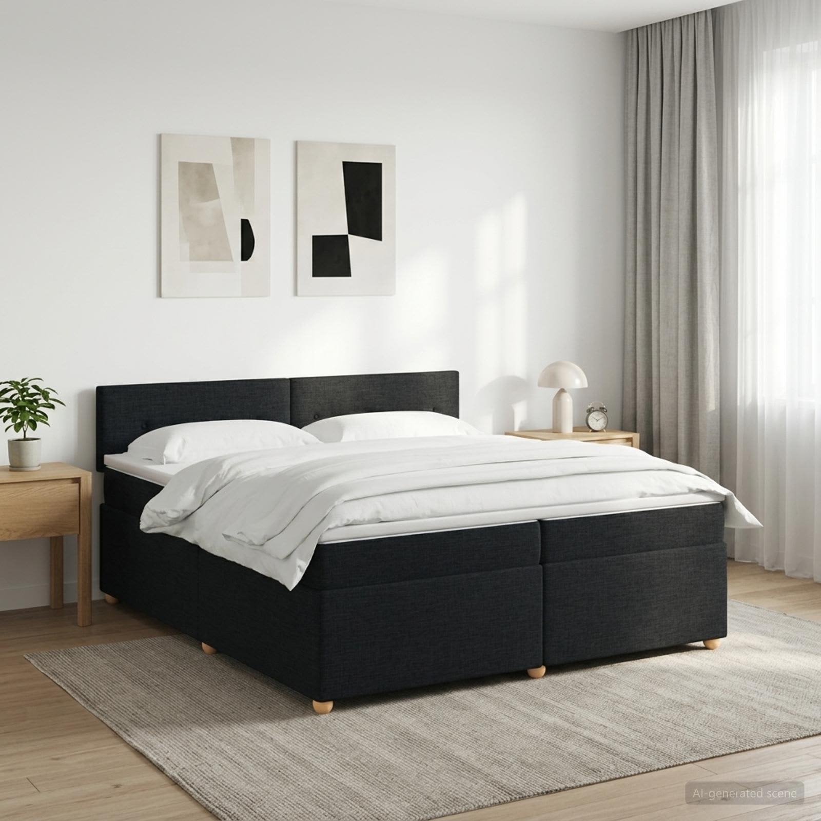 vidaXL Boxmadras med topmadras med hovedgærde Sort 200 x 200 cm Stof