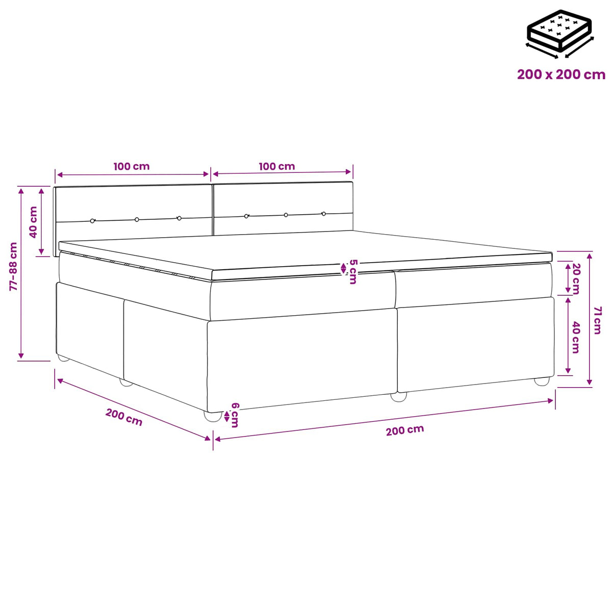 Boxmadras med topmadras Cremefarvet 200 x 200 cm Stof