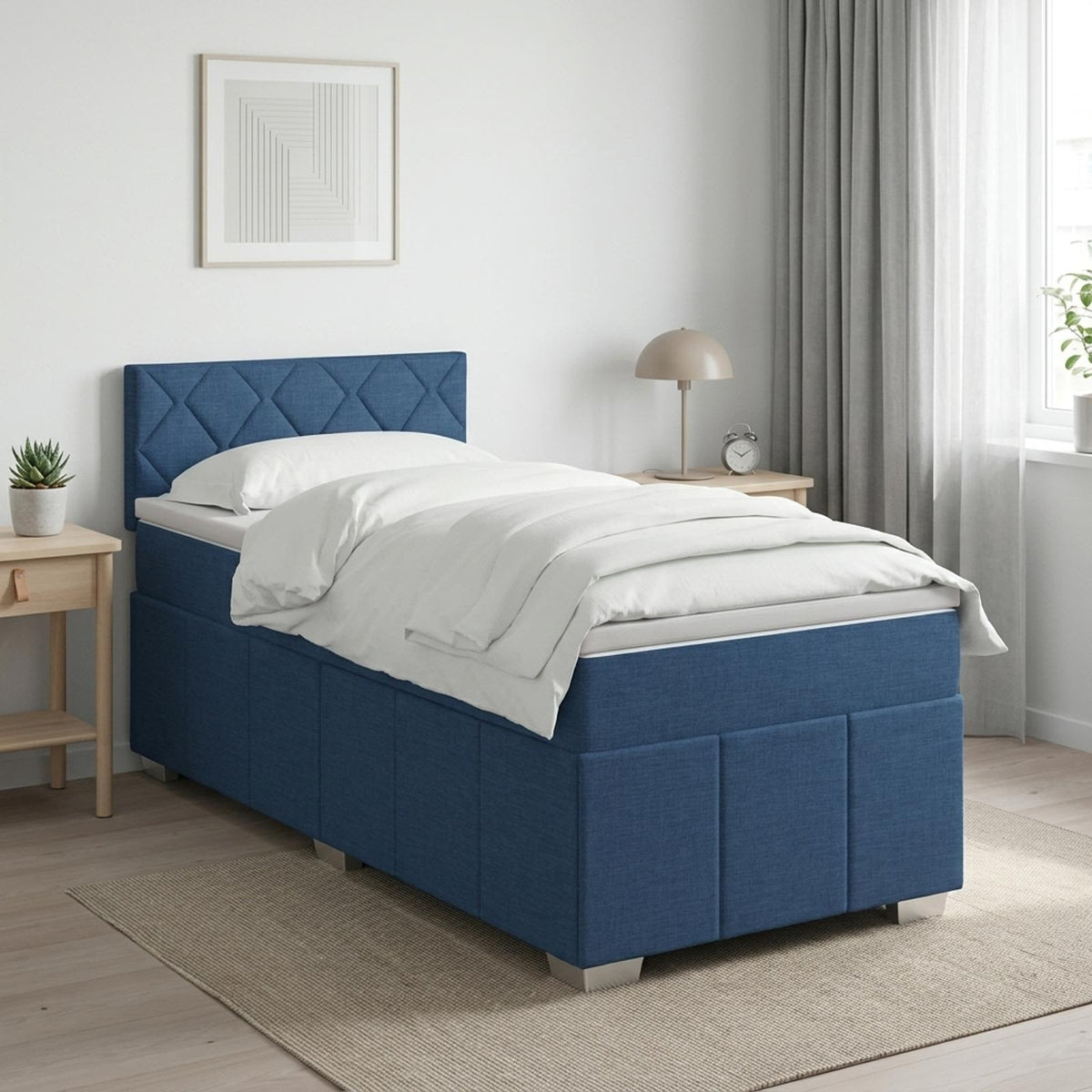 Boxmadras med topmadras og justerbart hovedgærde 90 x 200 cm - blå stof
