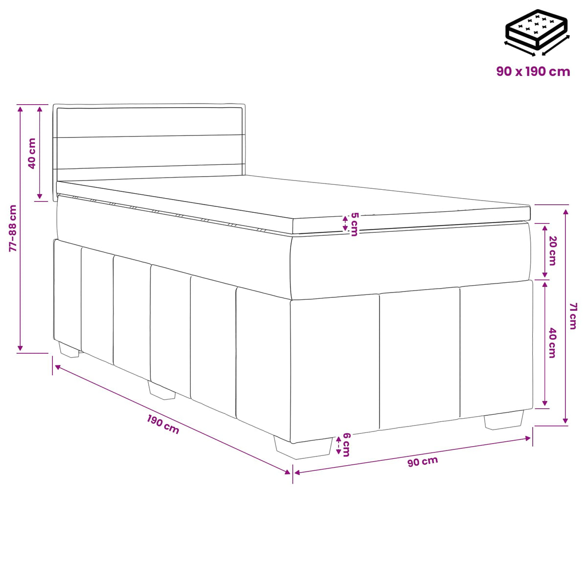 Boxmadras med topmadras med hovedgærde Sort 90 x 190 cm Stof