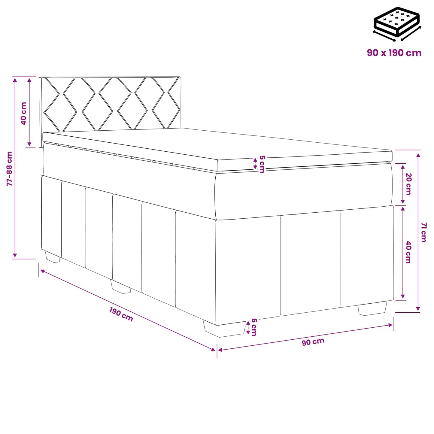 Boxmadras med topmadras Mørkegrå 90 x 190 cm Stof