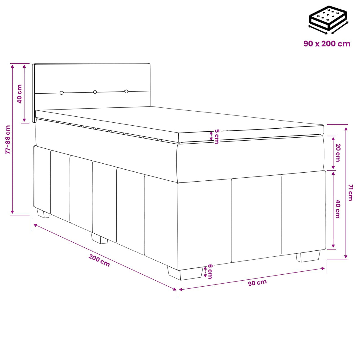 Boxmadras med topmadras med hovedgærde Sort 90 x 200 cm Stof