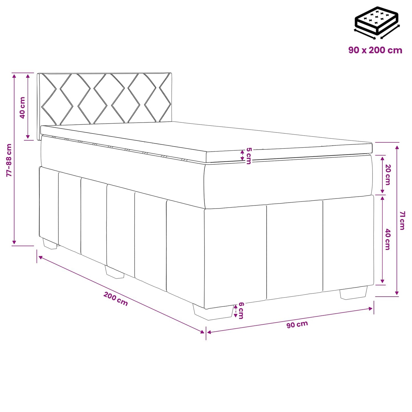 Boxmadras med topmadras med hovedgærde Lysegrå 90 x 200 cm Stof