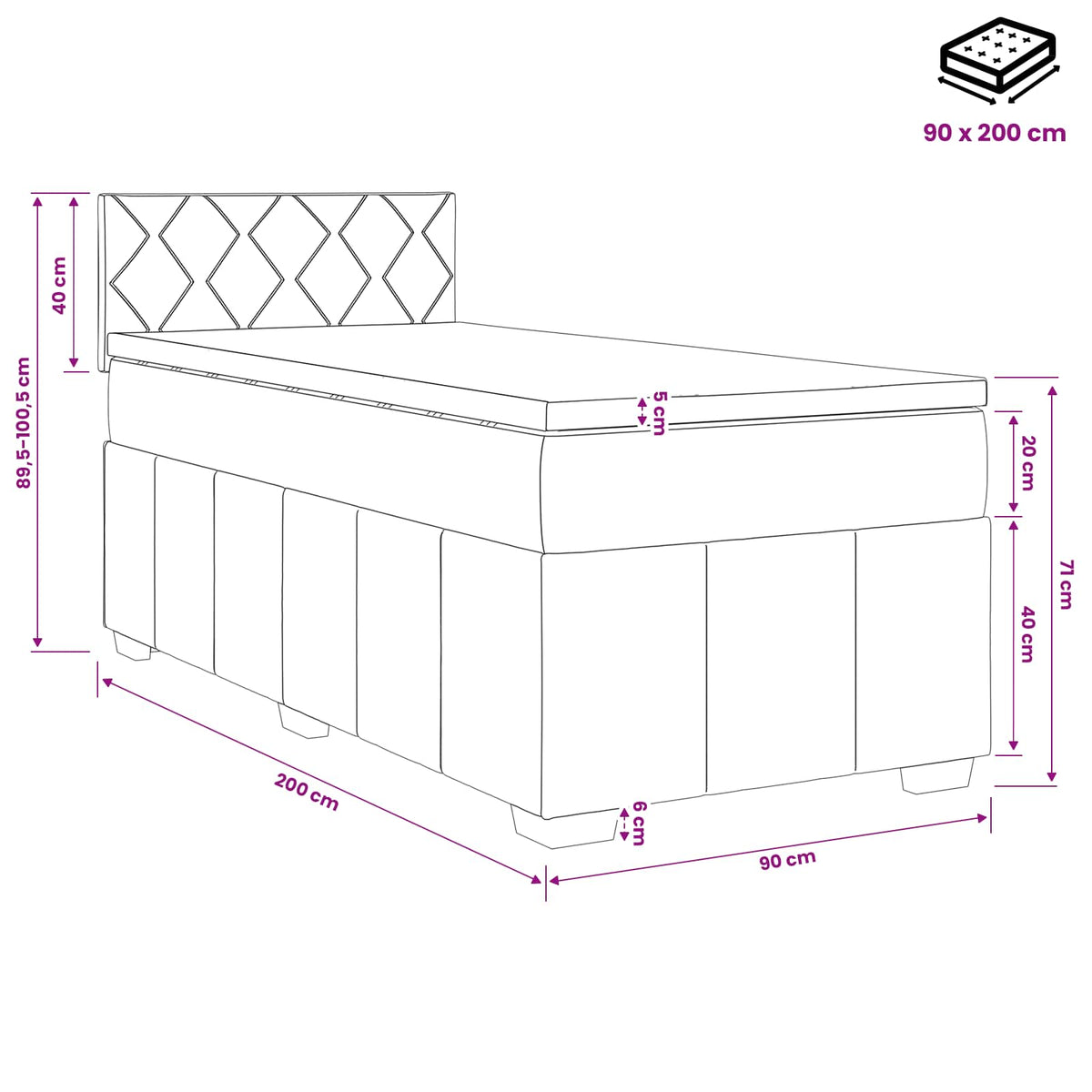 Boxmadras med topmadras Cremefarvet 90 x 200 cm Stof
