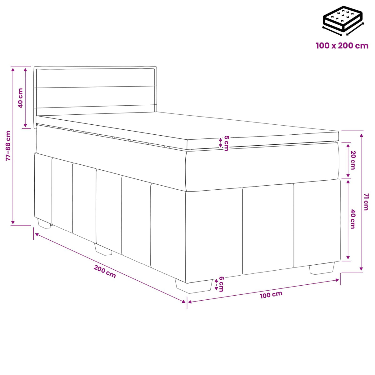 Boxmadras med topmadras med hovedgærde Sort 100 x 200 cm Stof