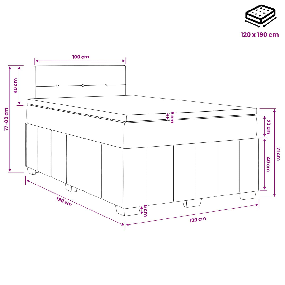 Boxmadras med topmadras Gråbrun 120 x 190 cm Stof