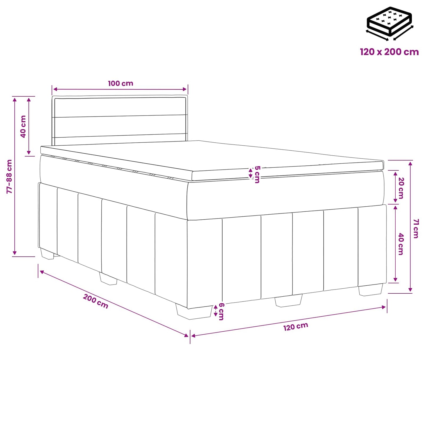 Boxmadras med topmadras med hovedgærde Sort 120 x 200 cm Stof