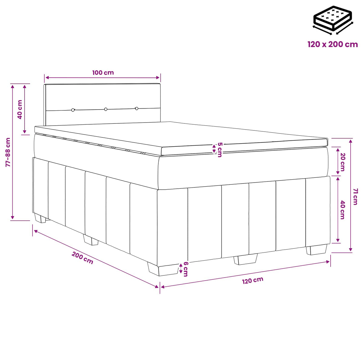 Boxmadras med topmadras med hovedgærde Sort 120 x 200 cm Stof
