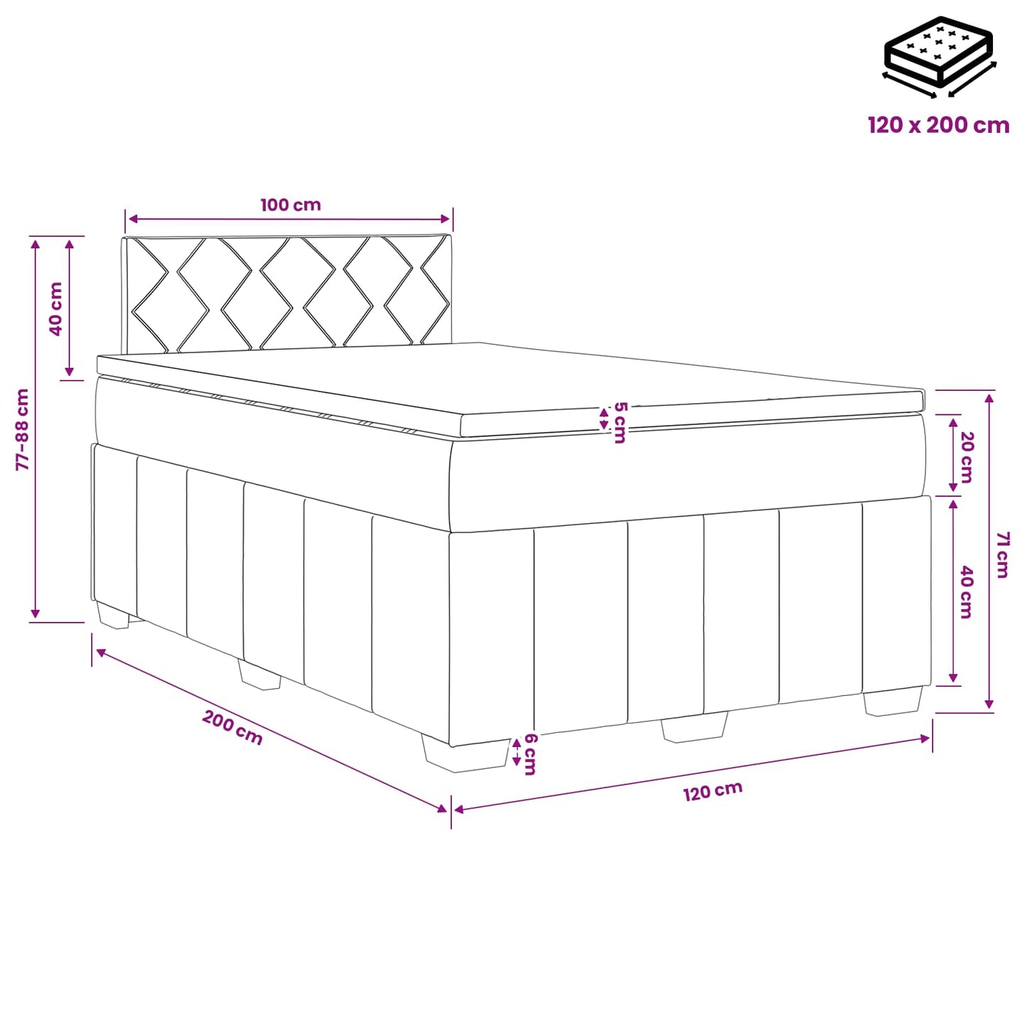 Boxmadras med topmadras med hovedgærde Sort 120 x 200 cm Stof