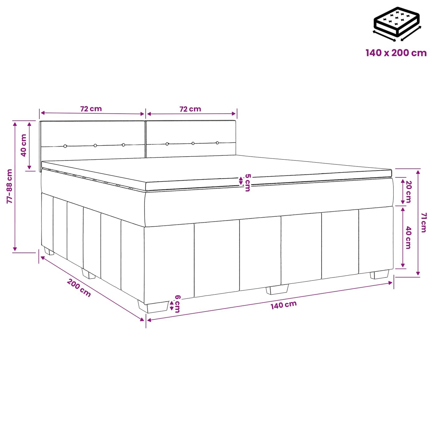 Boxmadras med topmadras Mørk Brun 140 x 200 cm Stof