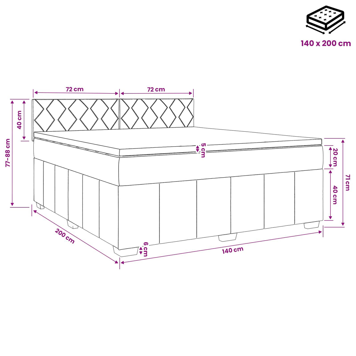 Boxmadras med topmadras Lysegrå 140 x 200 cm Stof