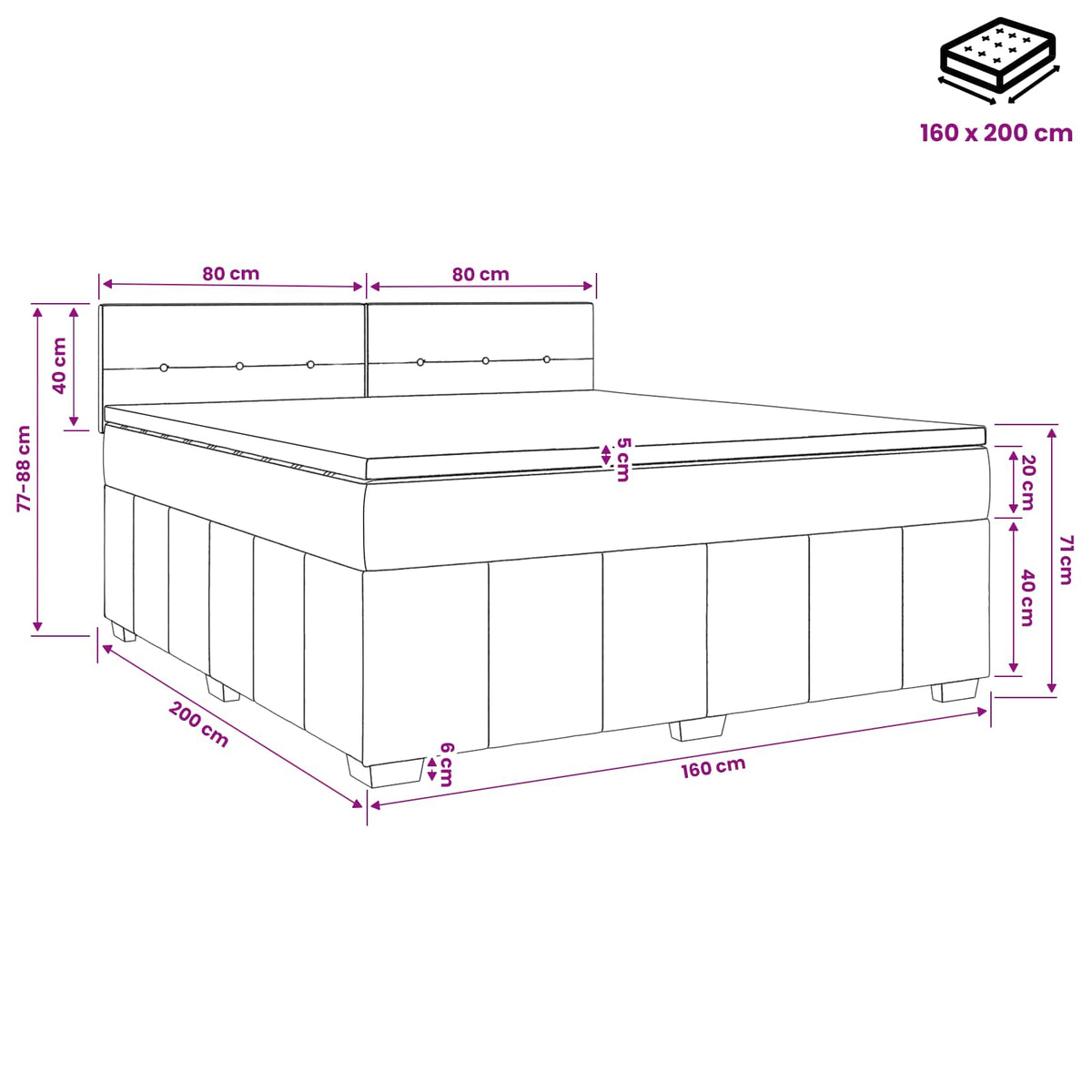 Boxmadras med topmadras Lysegrå 160 x 200 cm Stof
