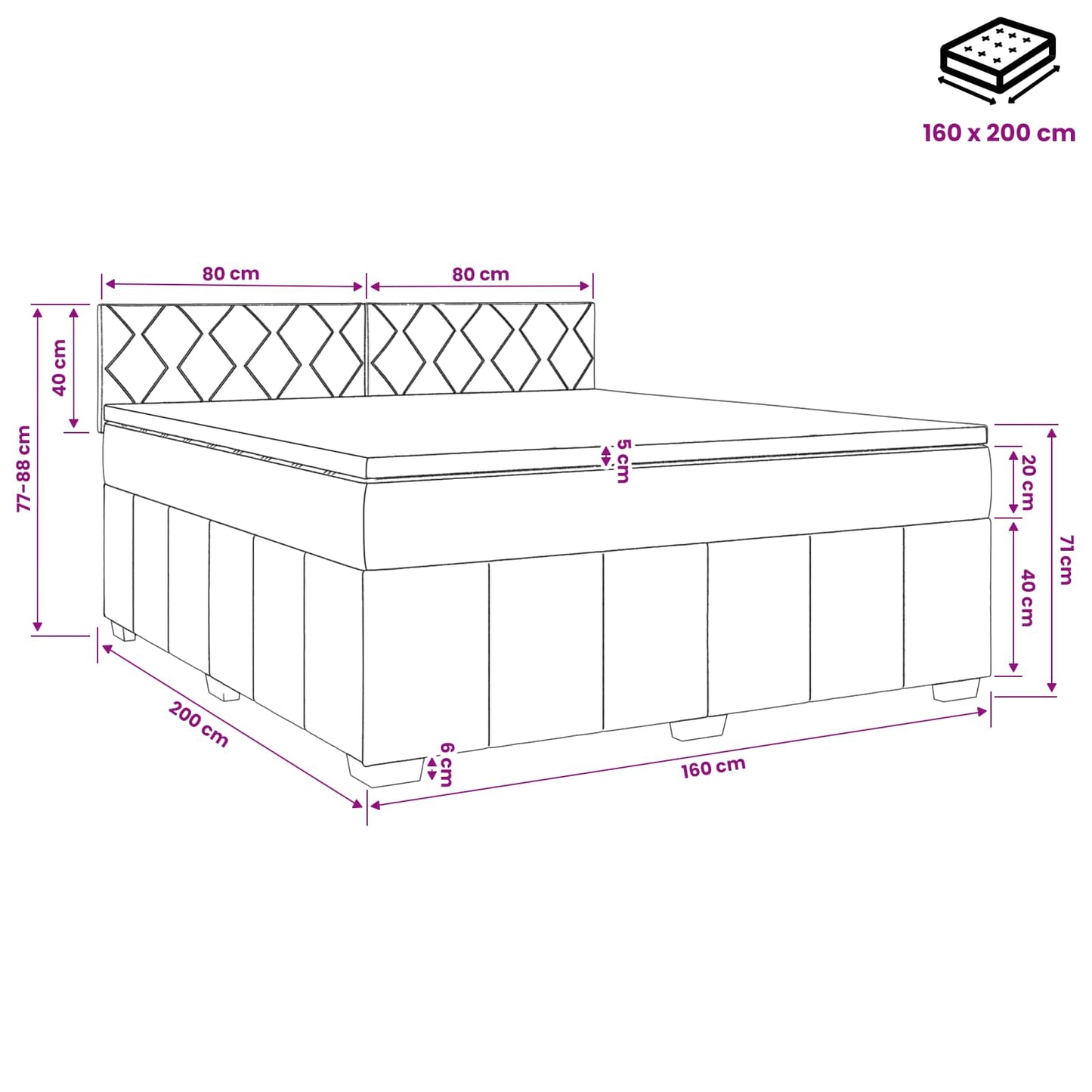 Boxmadras med topmadras Mørkegrå 160 x 200 cm Stof