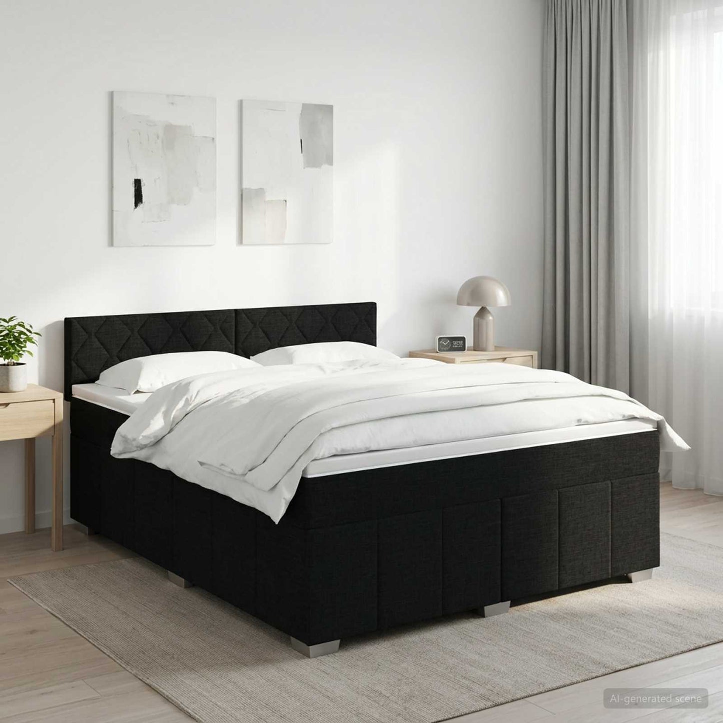 Boxmadras med topmadras med hovedgærde Sort 180 x 200 cm Stof