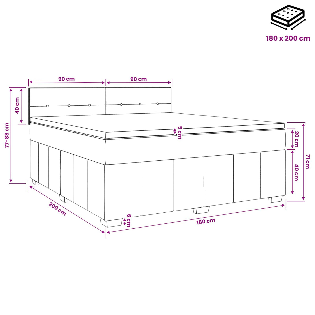 Boxmadras med topmadras Lysegrå 180 x 200 cm Stof