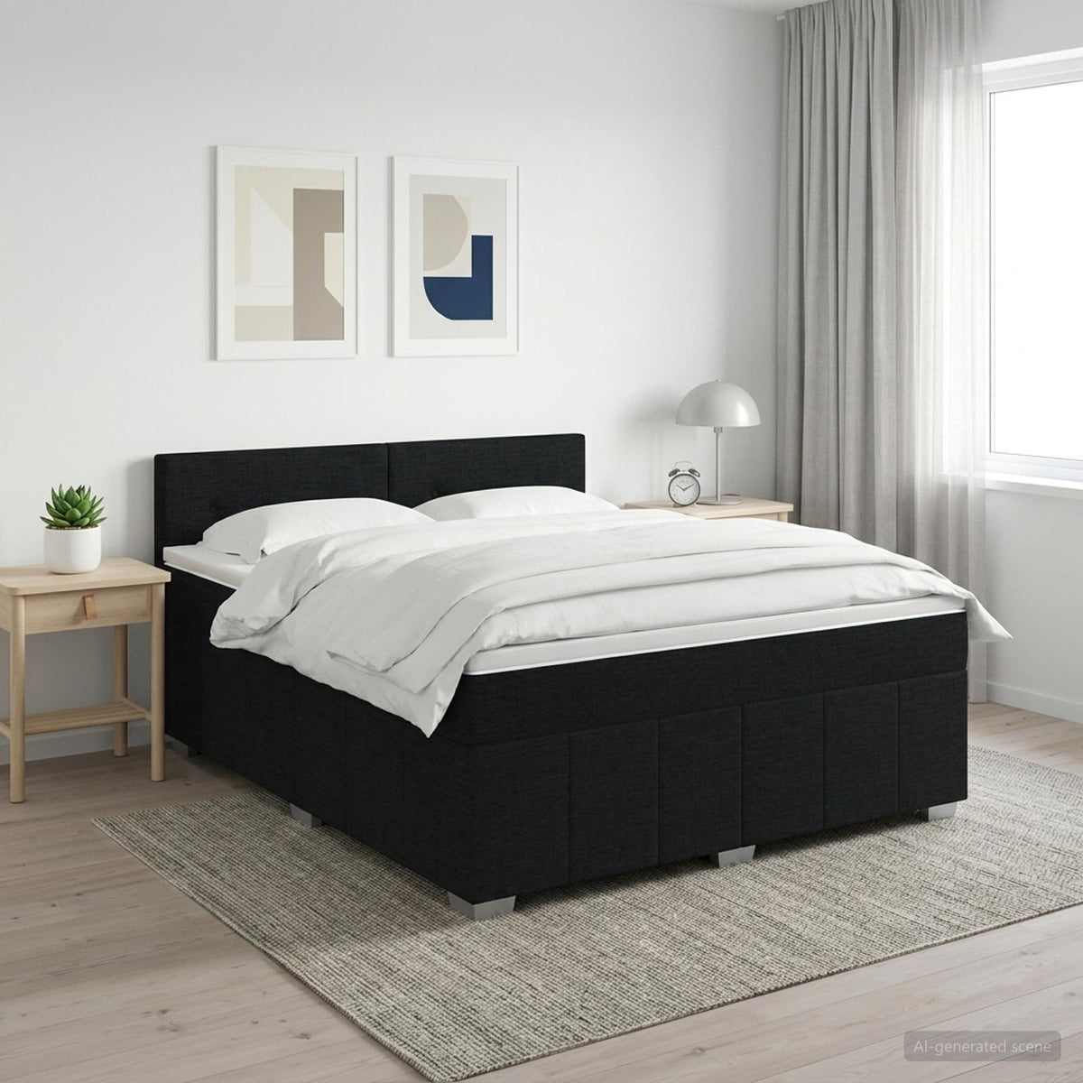 Boxmadras med topmadras med hovedgærde Sort 140 x 190 cm Stof