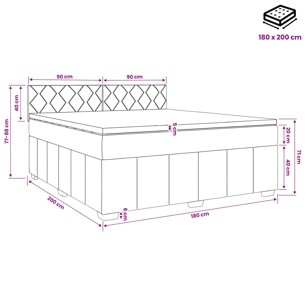 Boxmadras med topmadras Mørkegrå 180 x 200 cm Stof