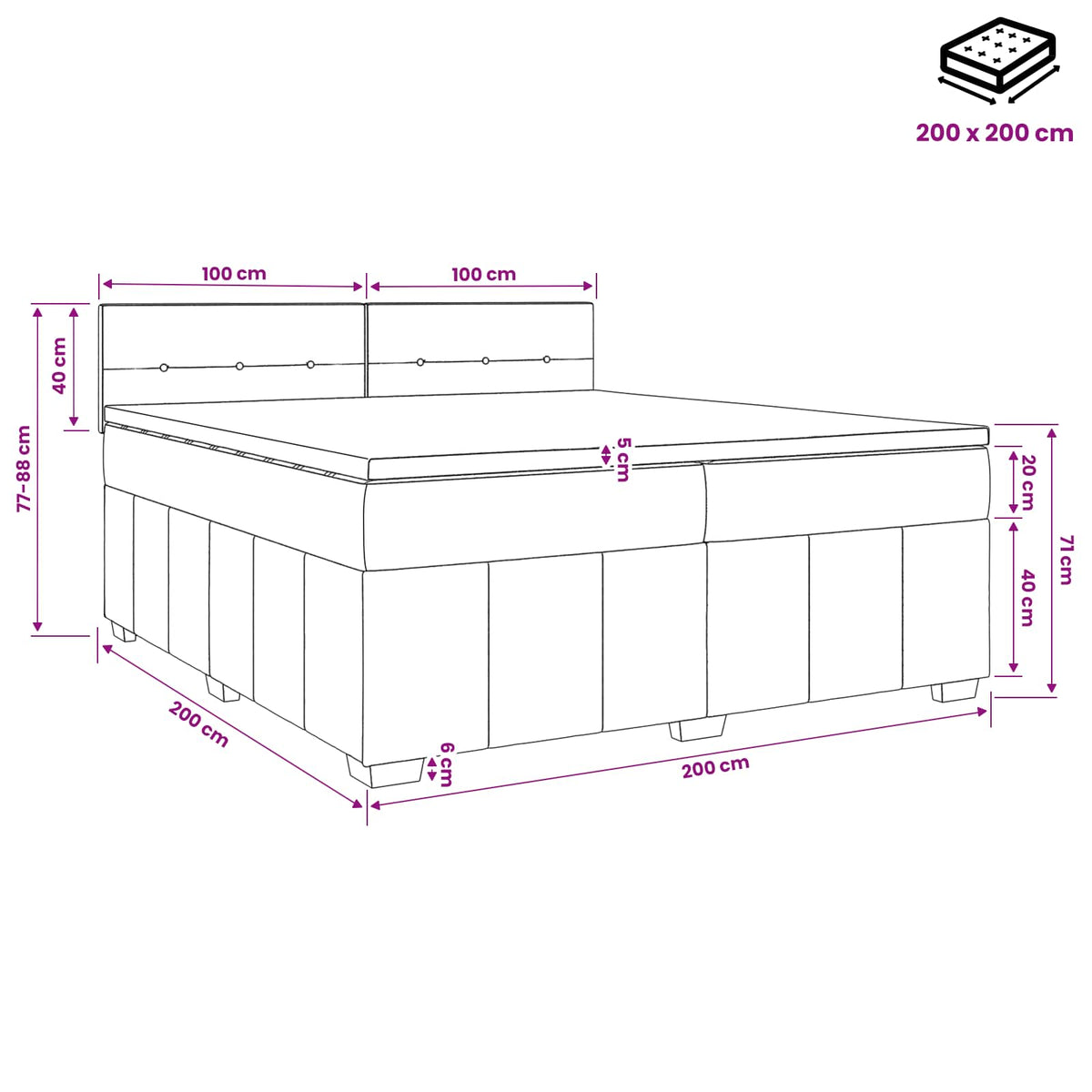 Boxmadras med topmadras med hovedgærde Sort 200 x 200 cm Stof