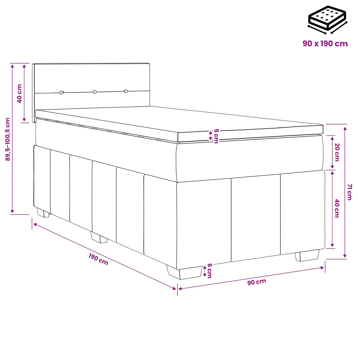 Boxmadras med topmadras Mørkegrå 90 x 190 cm Stof