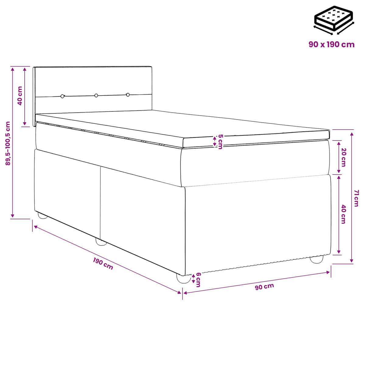 Boxmadras med topmadras Mørkegrå 90 x 190 cm Stof