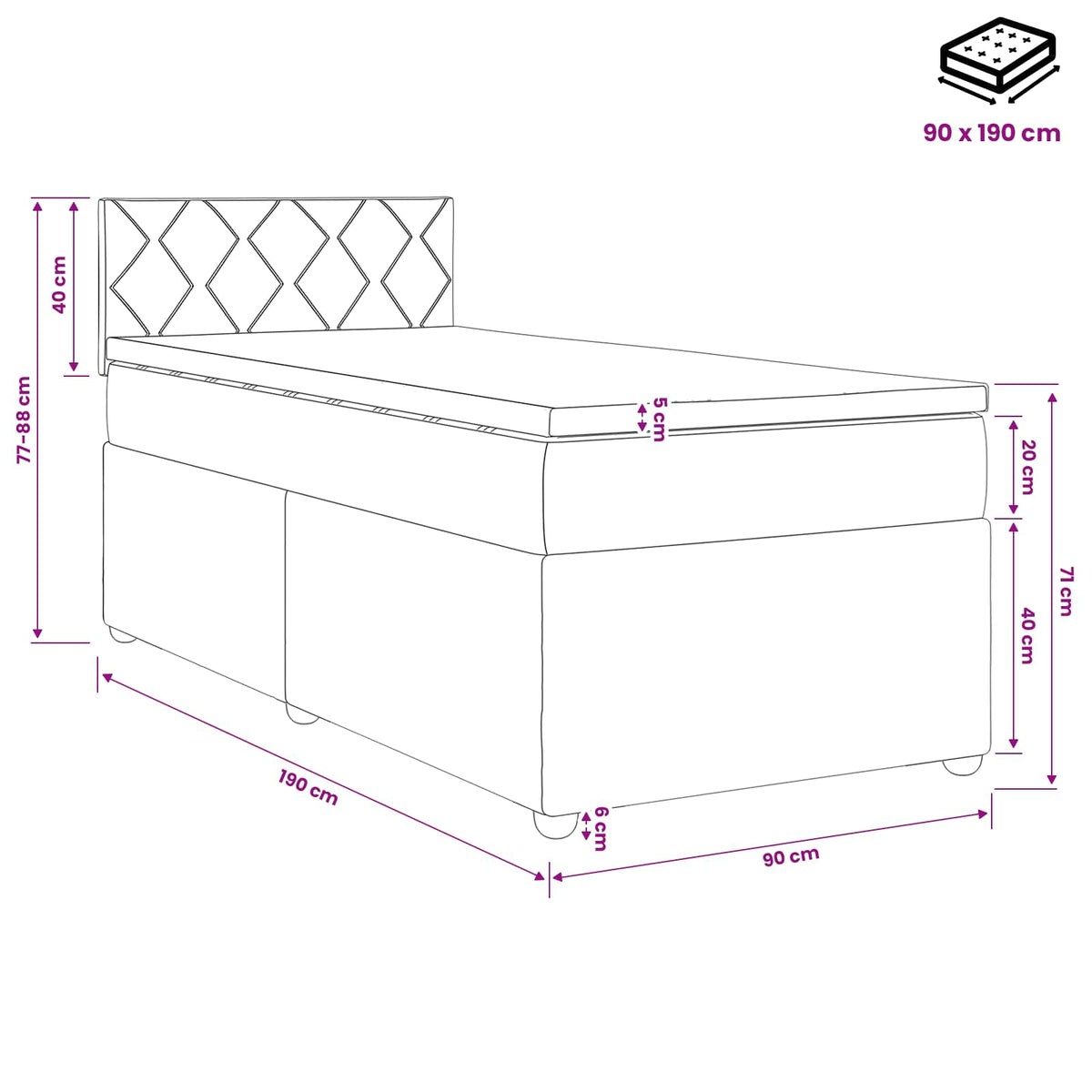 Boxmadras med topmadras med hovedgærde Sort 90 x 190 cm Stof