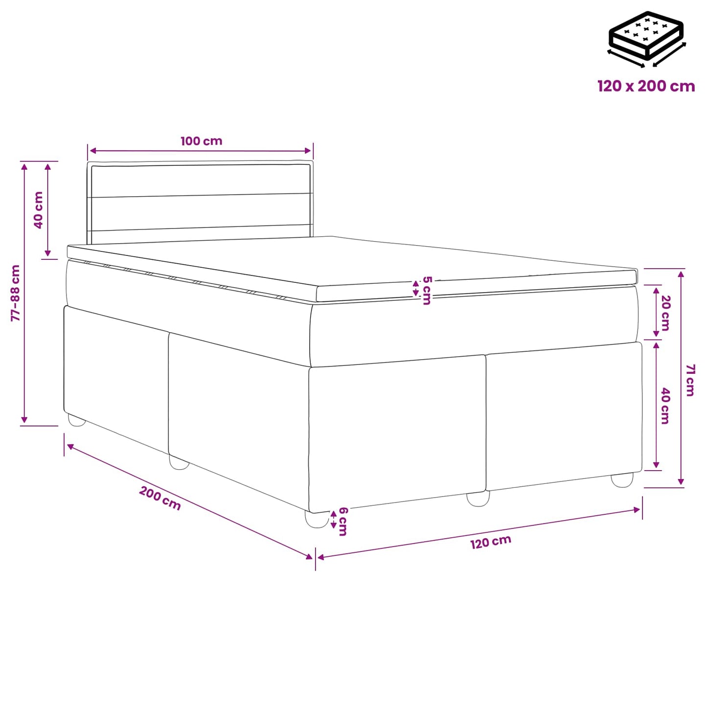 Boxmadras med topmadras med hovedgærde Sort 120 x 200 cm Stof