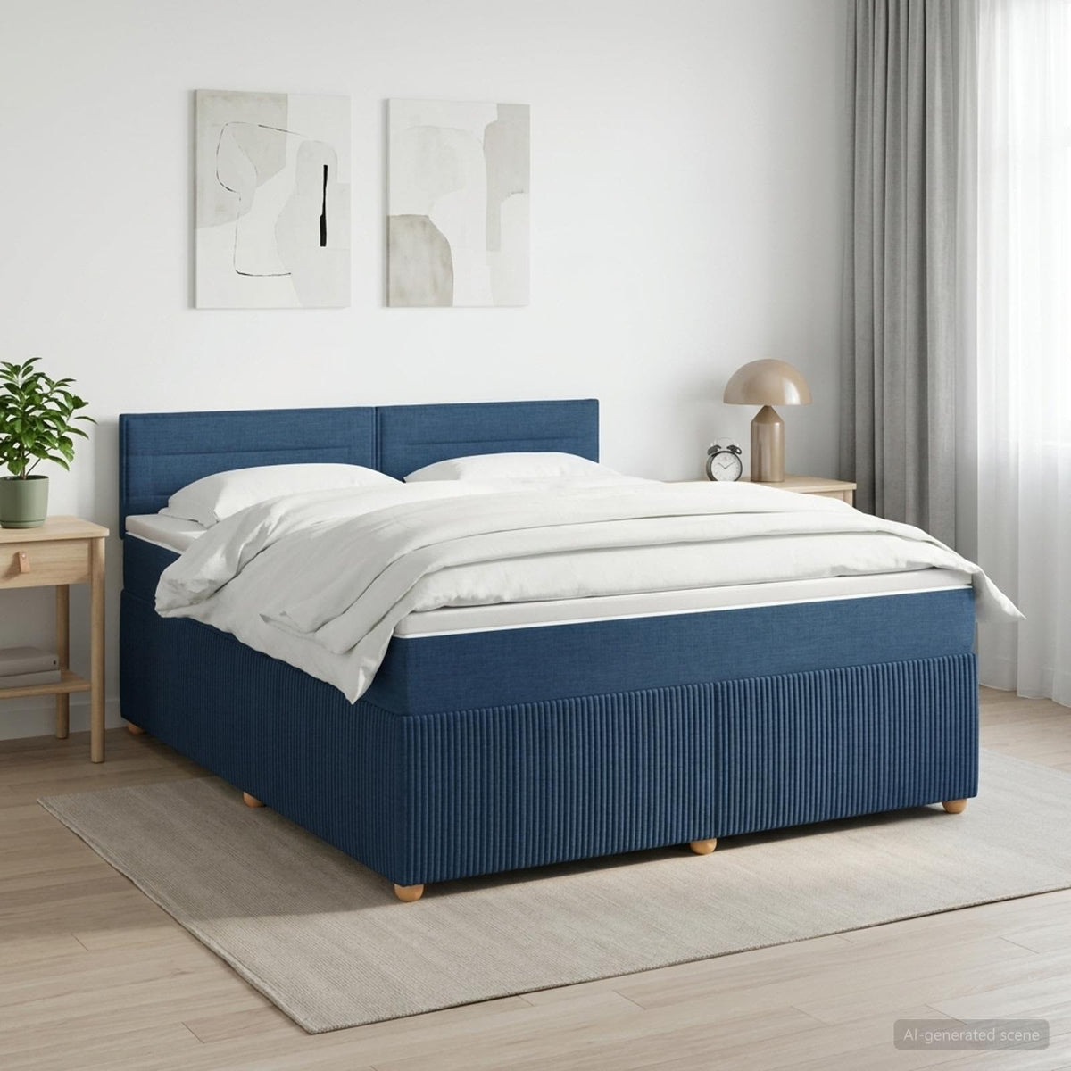 Boxmadras med topmadras med hovedgærde Blå 180 x 200 cm Stof