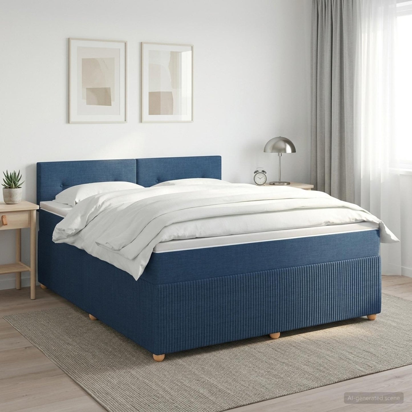 Boxmadras med topmadras med hovedgærde Blå 160 x 200 cm Stof
